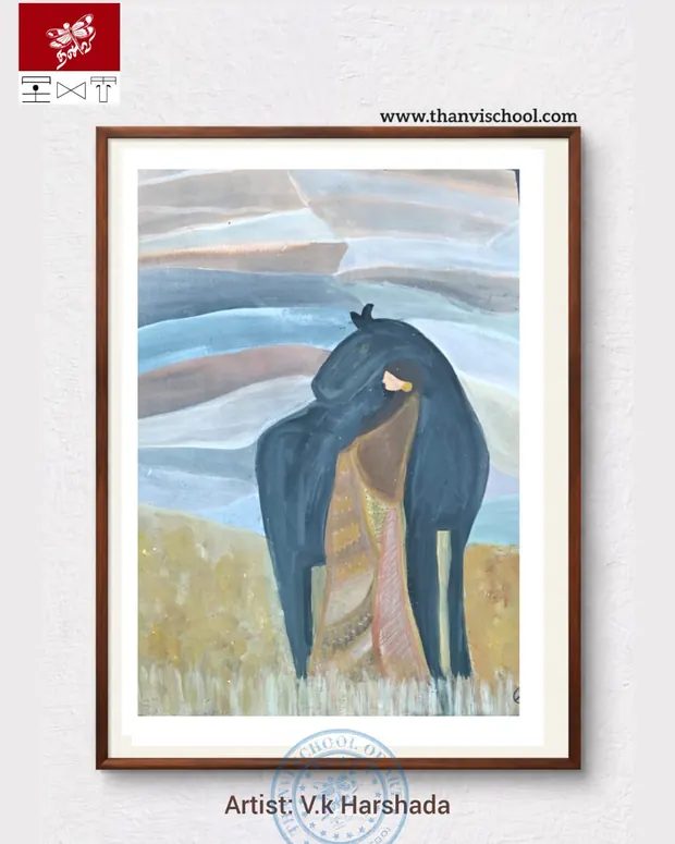 A bird painted with soft washes of blue and earth tones.