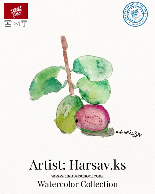 Delicate leaves and fruit painted in watercolour.