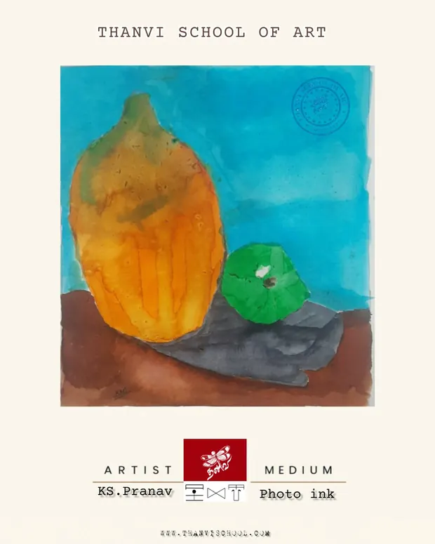 A bright still-life composition of fruit against a blue background.