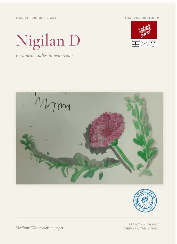 A pink flower surrounded by expressive botanical details.