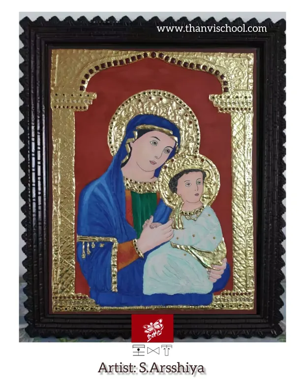 An intricately decorated, framed devotional artwork.