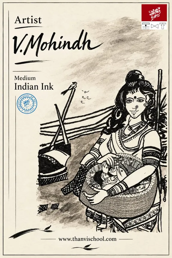 A detailed figure illustration drawn in Indian ink.