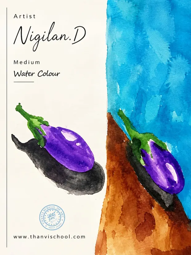 Vibrant purple brinjals illustrated with watercolour washes.
