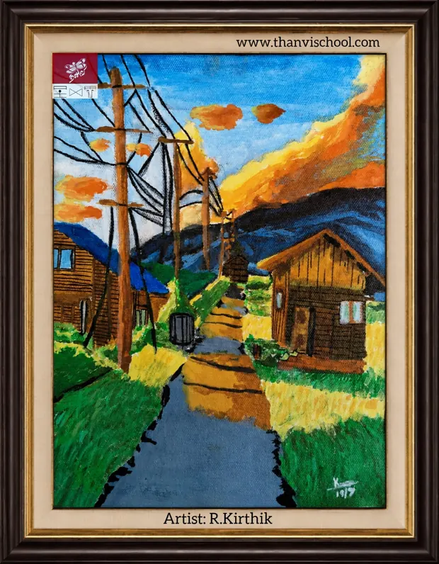 A vivid landscape featuring village buildings and a winding path.